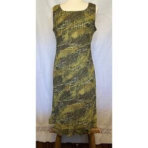 Donna Ricco NY USA Women’s Sheath Dress Sz 10 Green Brown Gold Midi Lined EUC